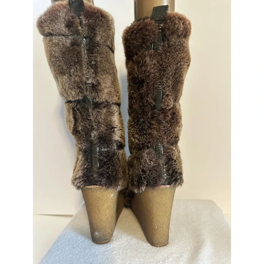 Tory Burch Womens 7 Kiki Sheep Shearling Fur Wedge Heel Boots Brown Pull On